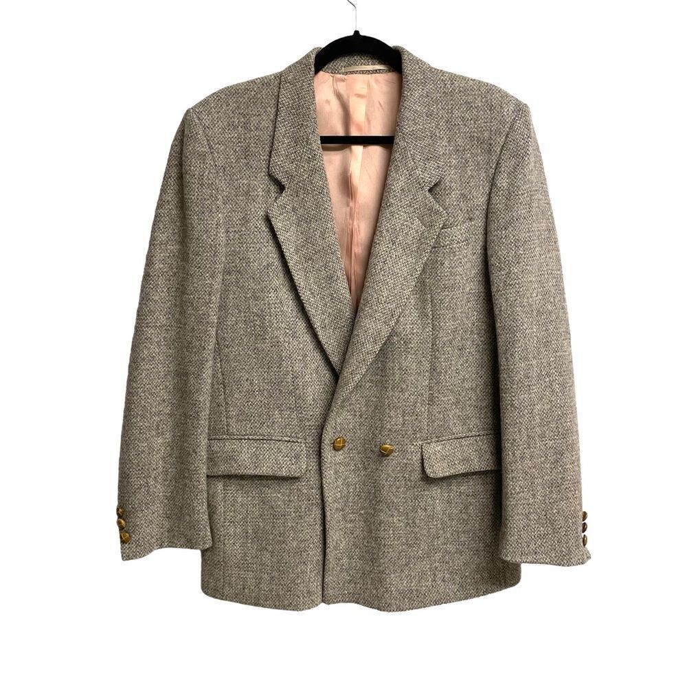 HARRIS TWEED Vintage Hand Woven Wool Double Breasted Blazer Tan Grey 42R